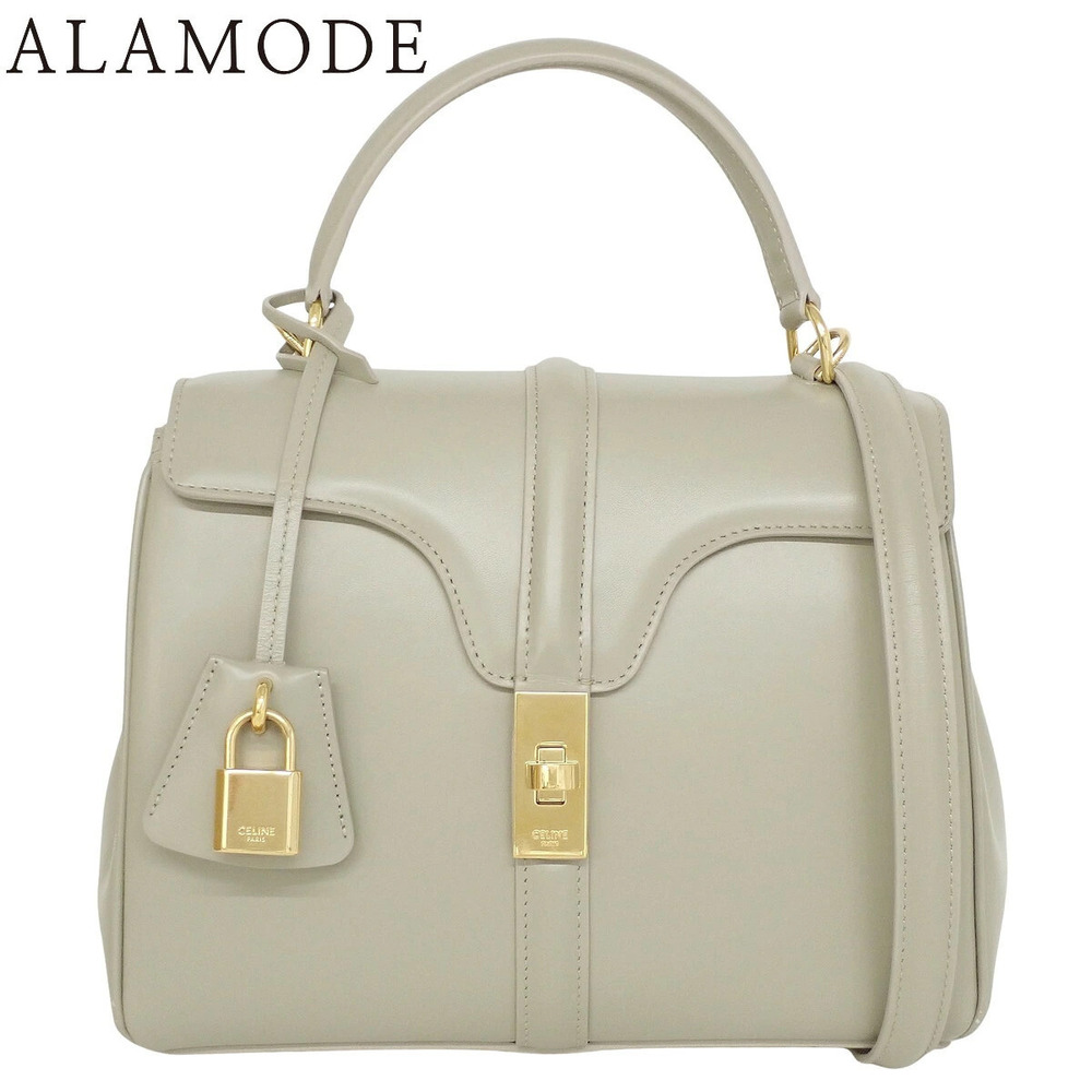 Celine Leather 2Way Crossbody Bag Greige Cream Gray